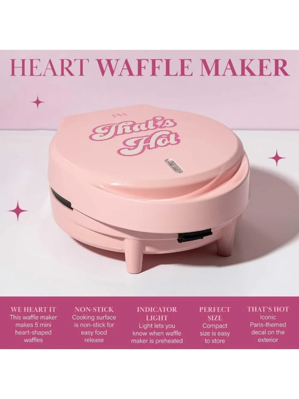 Mini Heart Waffle Maker - Makes 5 Cute Heart-Shaped Waffles, Nonstick, Easy